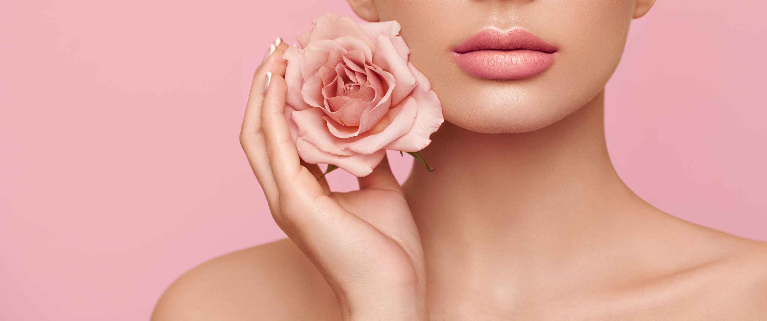 Beautiful,Model,With,A,Rose.,Perfect,Woman,Face,Makeup,Close